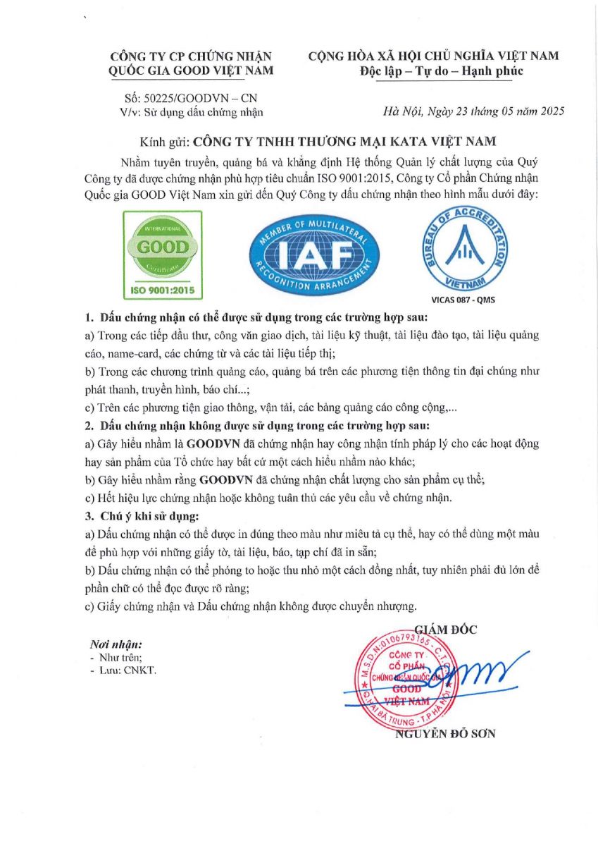 Dấu chứng nhận KATA VINA đạt tiêu chuẩn ISO 9001 từ 2025-2028