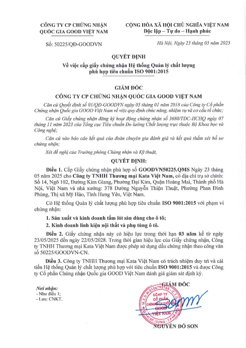 Quyết định chứng nhận KATA đạt ISO 9001:2015