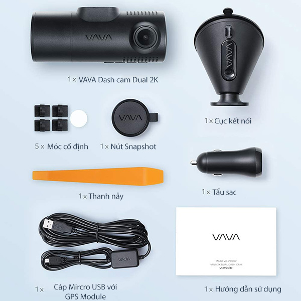 Các thiết bị, đồ dùng trong hộp VAVA Dash Cam Dual 2K