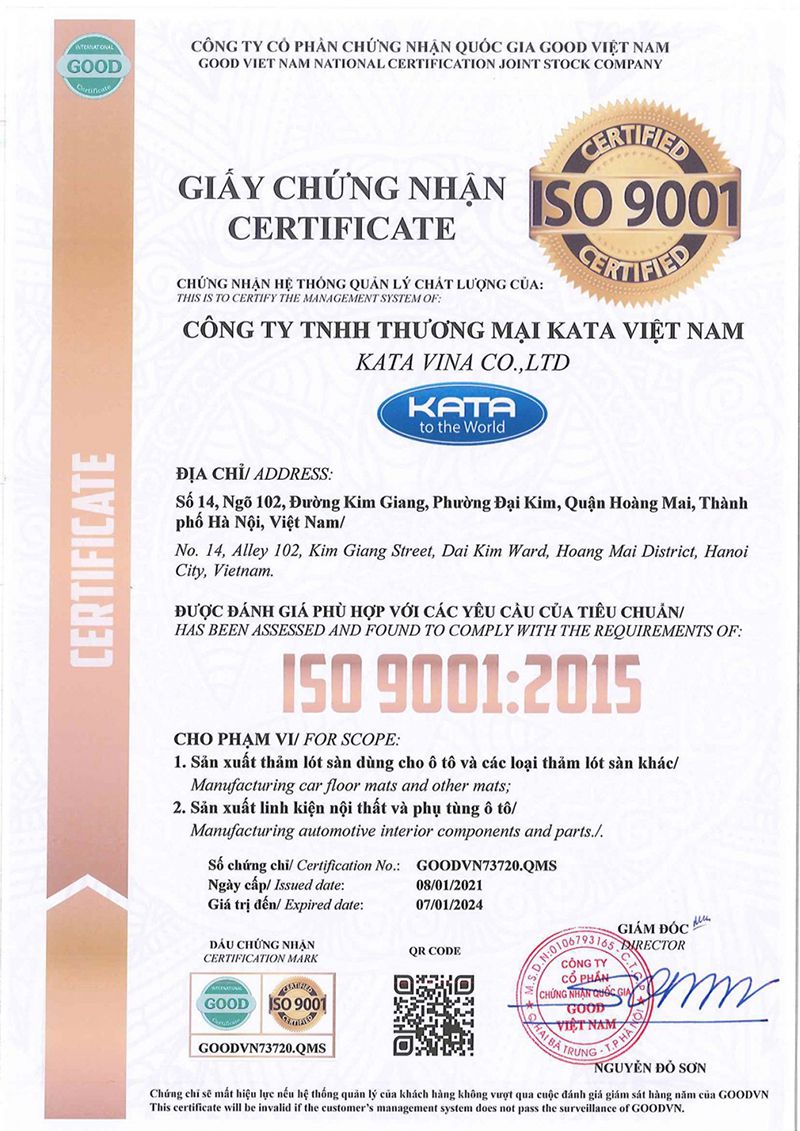 Chứng chỉ ISO 9001:2015 của thảm lót sàn ô tô KATA