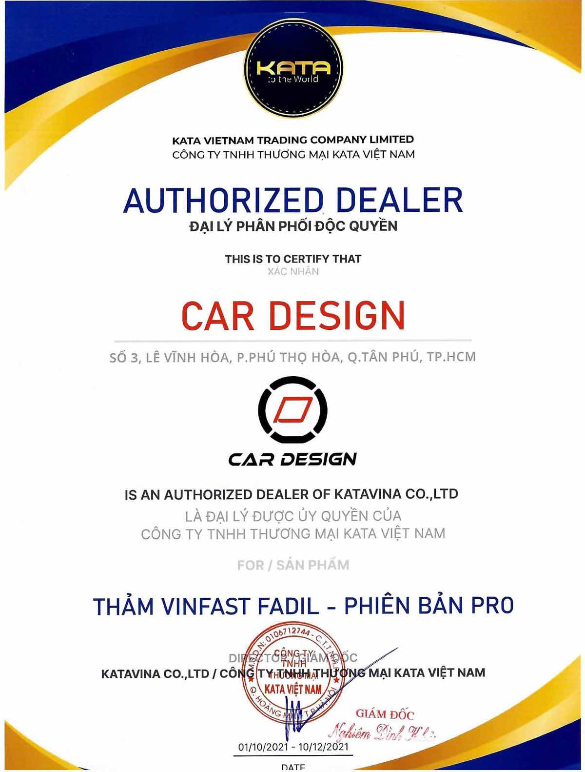 Chứng nhận Car design độc quyền thảm lót sàn Vinfast Fadil kata pro